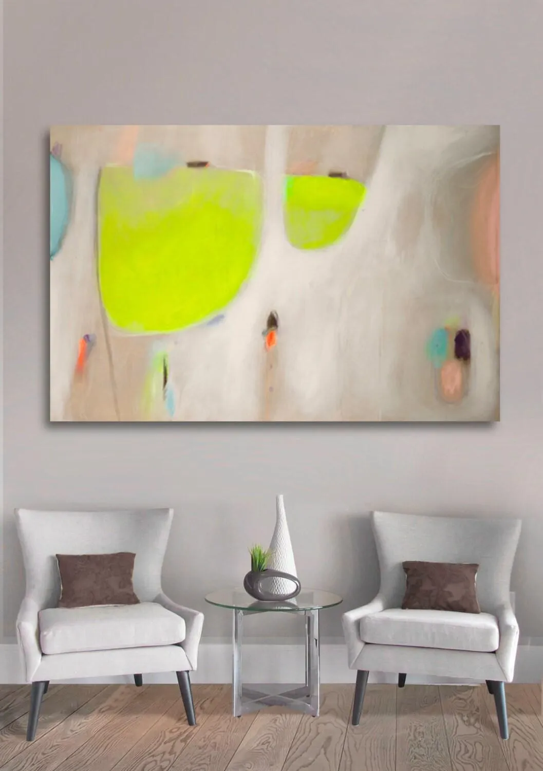 Apples in Green original abstract painting extra large wall art commision, chartreuse original abstract painting