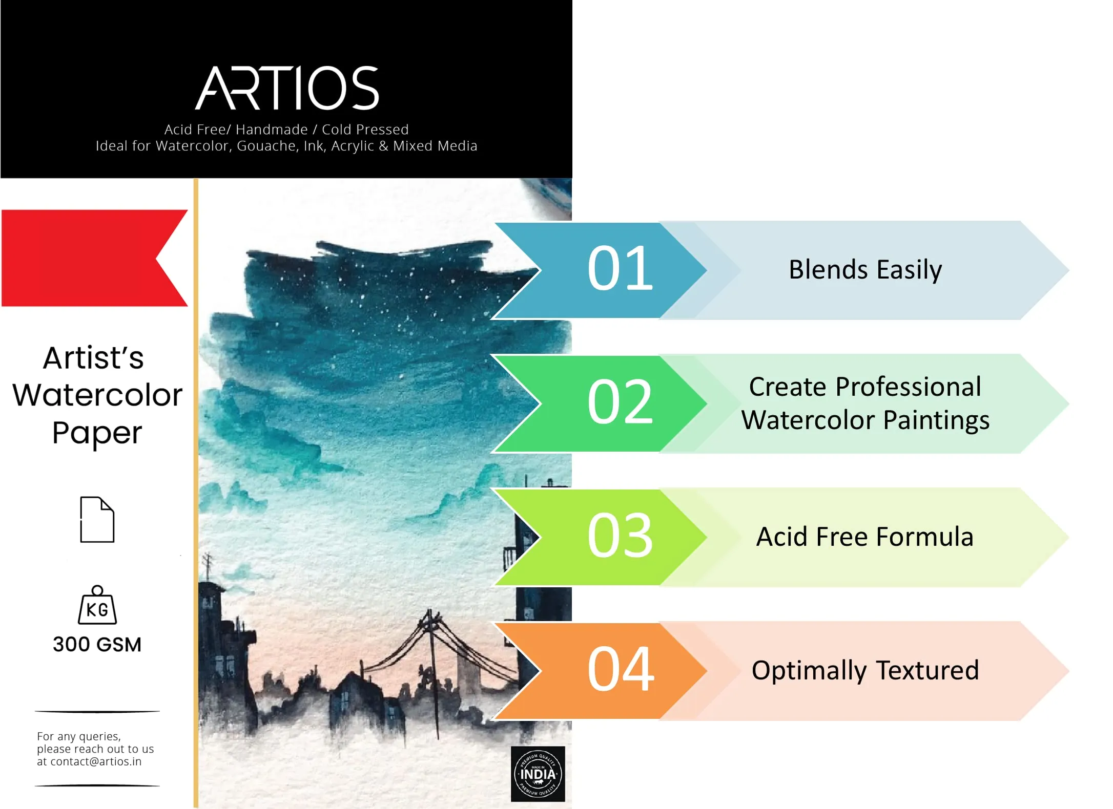 ARTIOS Artists' Watercolor Paper Combo - A4 (24 Sheets)   A5 (24 Sheets)   A6 (24 Sheets) 300 GSM 100% Cotton, Cold-Pressed, Handmade Papers for Watercolour, Acrylic, Gouache, Ink & Mixed Media