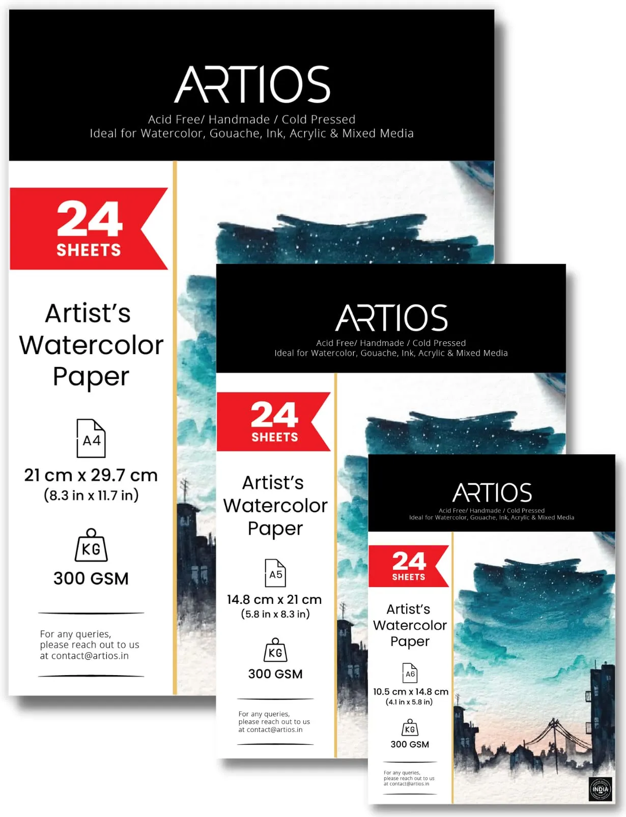 ARTIOS Artists' Watercolor Paper Combo - A4 (24 Sheets)   A5 (24 Sheets)   A6 (24 Sheets) 300 GSM 100% Cotton, Cold-Pressed, Handmade Papers for Watercolour, Acrylic, Gouache, Ink & Mixed Media