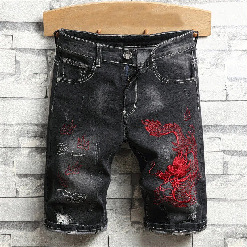 Auspicious Dragon Embroidered Cotton Denim Shorts