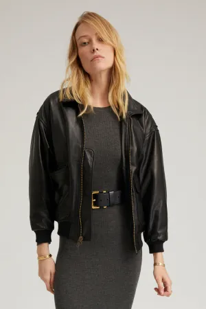 Black Leather Cropped Aviator Bomber