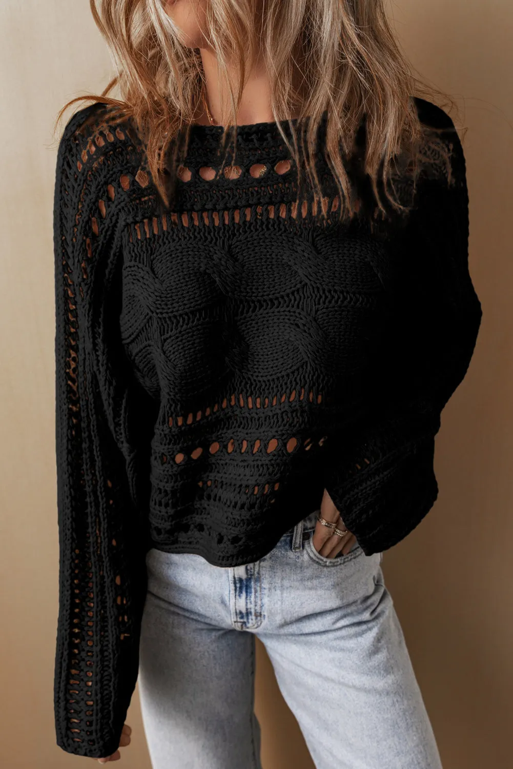 Blackish Green Hollow-out Cable Knit Cropped Sweater