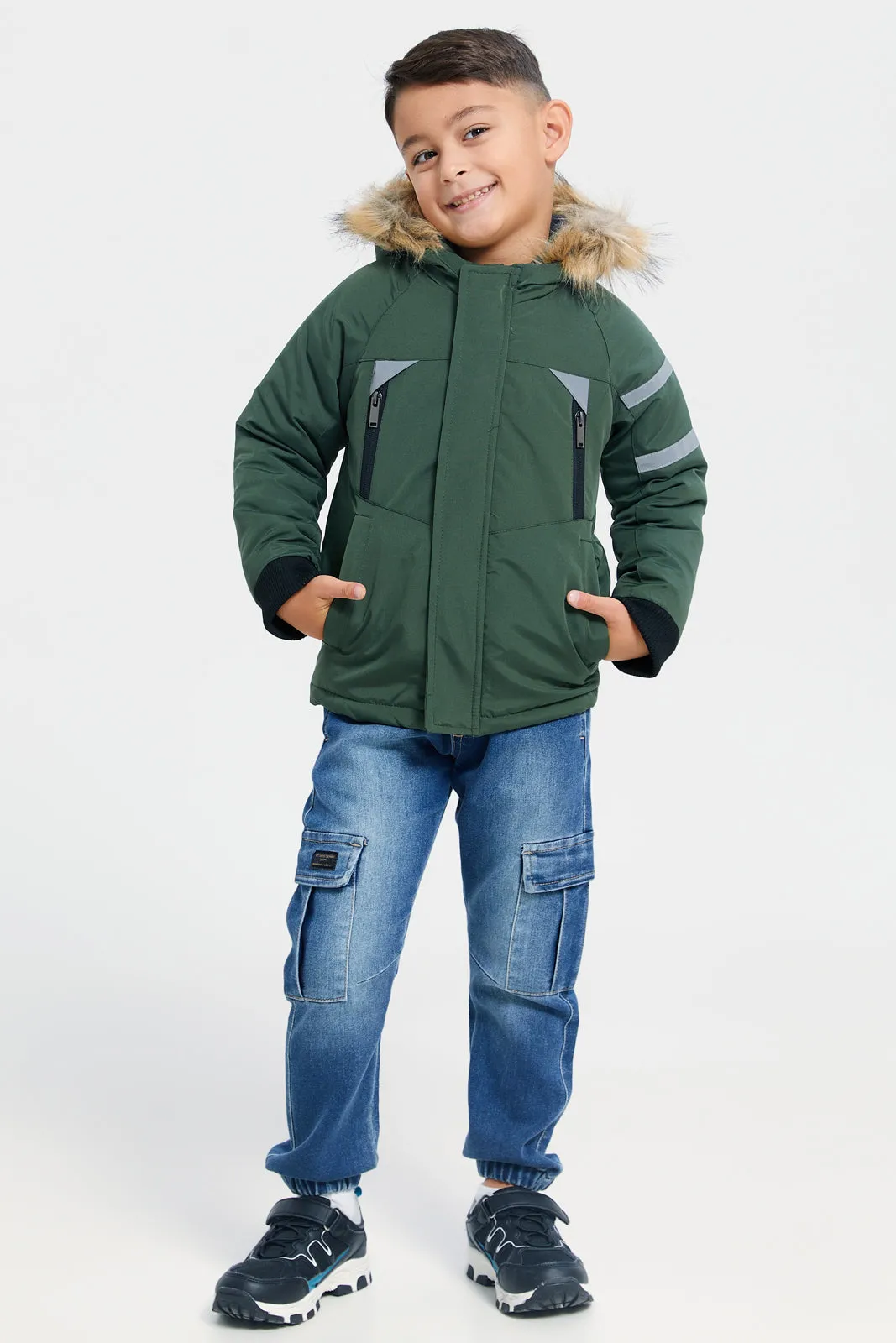 Boys Green Embellished Jacket With Fur Hooded