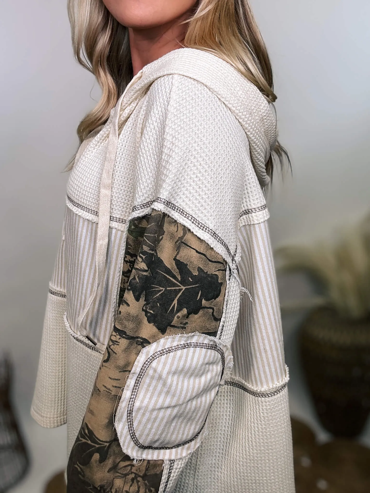 Camo Patchwork Oversized Cream Thermal Hoodie by POL