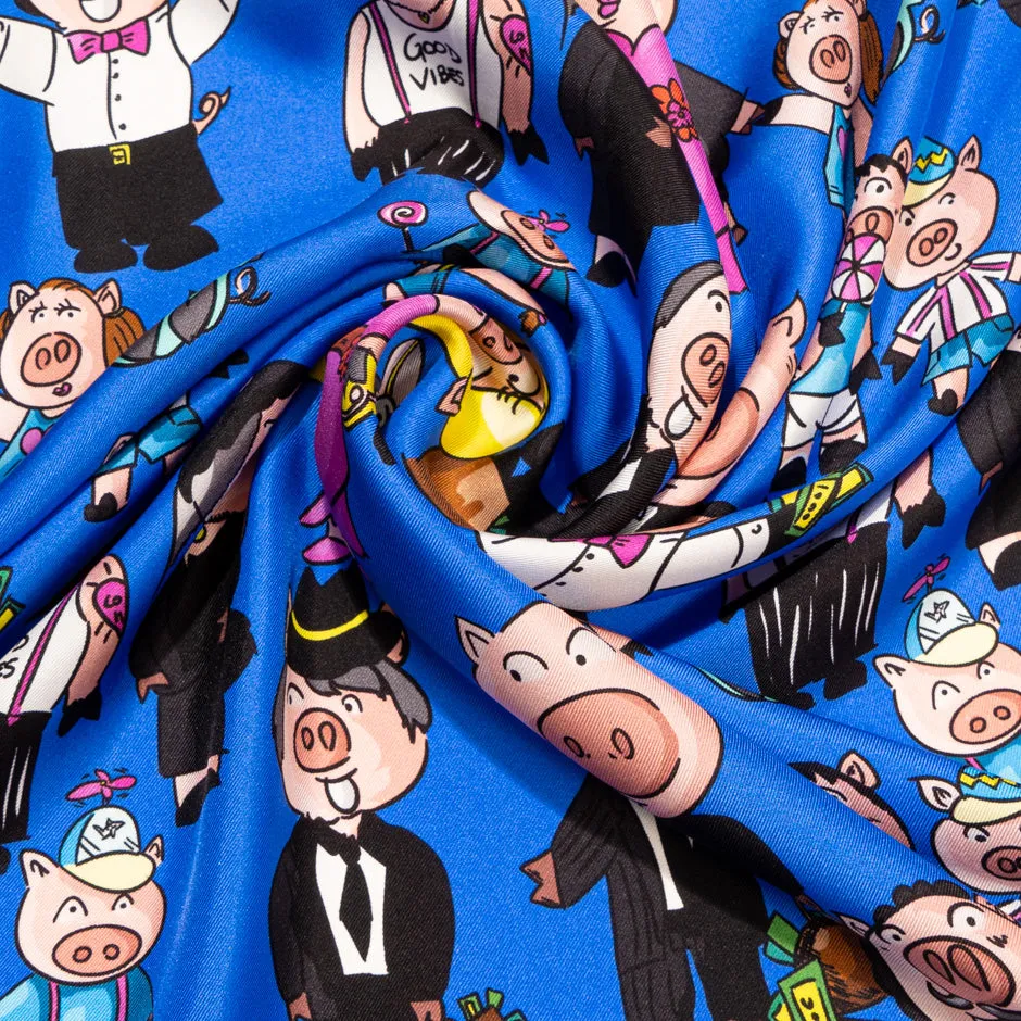 Cartoon Piggy Printed Blue Pure Silk Twill