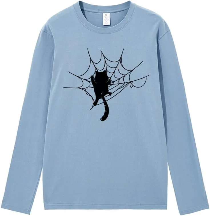 CORIRESHA Halloween Spider Web Crew Neck Long Sleeve Casual Cat Lover T-Shirt