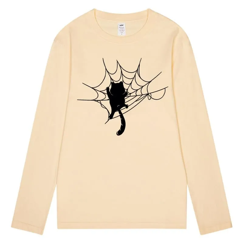 CORIRESHA Halloween Spider Web Crew Neck Long Sleeve Casual Cat Lover T-Shirt