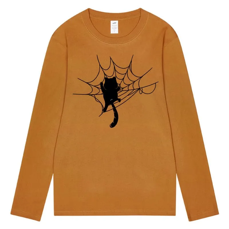 CORIRESHA Halloween Spider Web Crew Neck Long Sleeve Casual Cat Lover T-Shirt