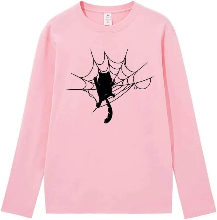 CORIRESHA Halloween Spider Web Crew Neck Long Sleeve Casual Cat Lover T-Shirt