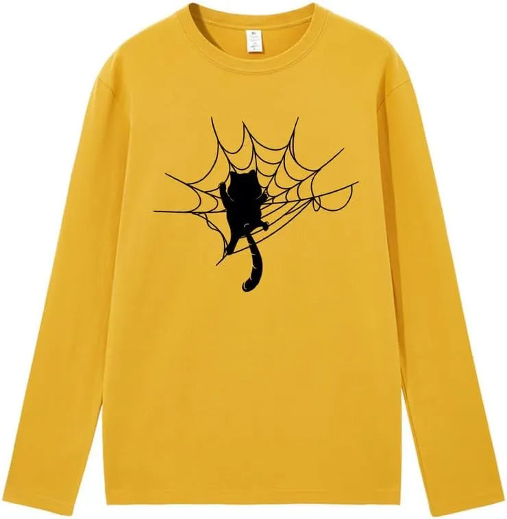 CORIRESHA Halloween Spider Web Crew Neck Long Sleeve Casual Cat Lover T-Shirt