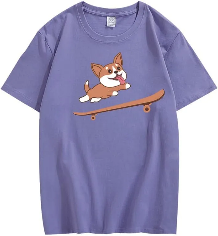 CORIRESHA Teen Cute Shiba Inu Dog Skateboard Round Neck Short Sleeves Cozy T-Shirt