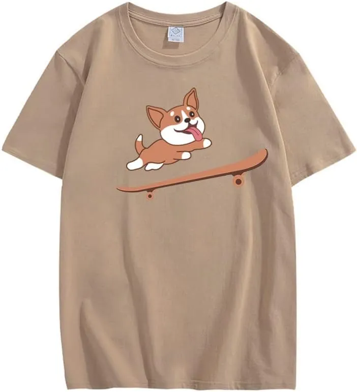 CORIRESHA Teen Cute Shiba Inu Dog Skateboard Round Neck Short Sleeves Cozy T-Shirt