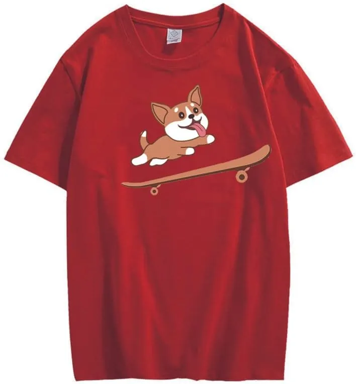 CORIRESHA Teen Cute Shiba Inu Dog Skateboard Round Neck Short Sleeves Cozy T-Shirt