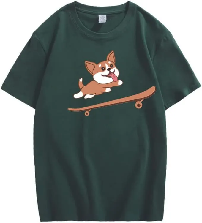 CORIRESHA Teen Cute Shiba Inu Dog Skateboard Round Neck Short Sleeves Cozy T-Shirt