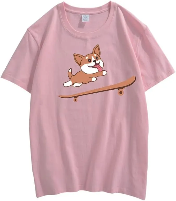 CORIRESHA Teen Cute Shiba Inu Dog Skateboard Round Neck Short Sleeves Cozy T-Shirt