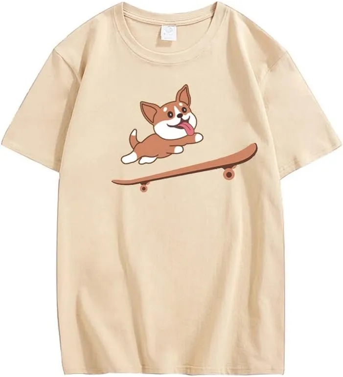 CORIRESHA Teen Cute Shiba Inu Dog Skateboard Round Neck Short Sleeves Cozy T-Shirt