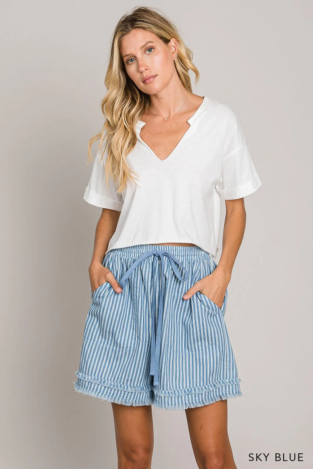 Cotton Bleu Denim Striped Frayed Shorts