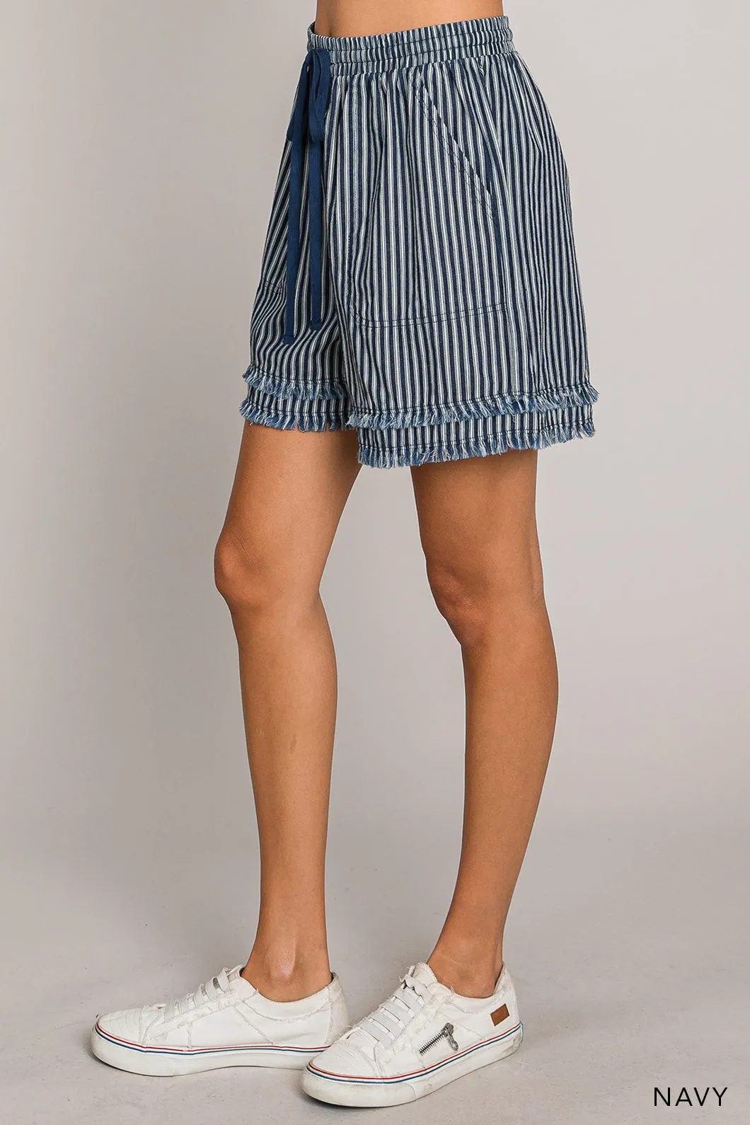 Cotton Bleu Denim Striped Frayed Shorts