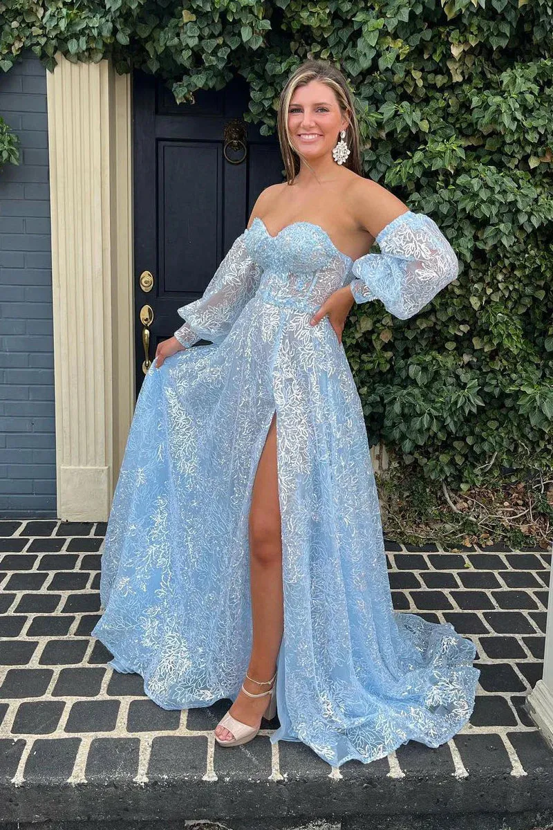 Cute A Line Sweetheart Light Blue Sequins Lace Prom Dresses with Detachable Sleeves