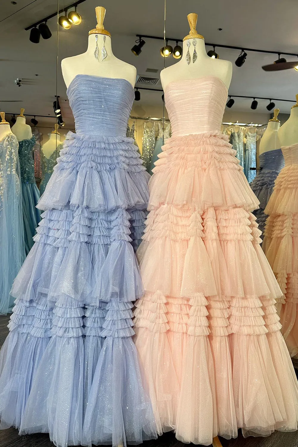 Daniela |A-Line Strapless Tulle Long Prom Dress with Tiered Ruffles