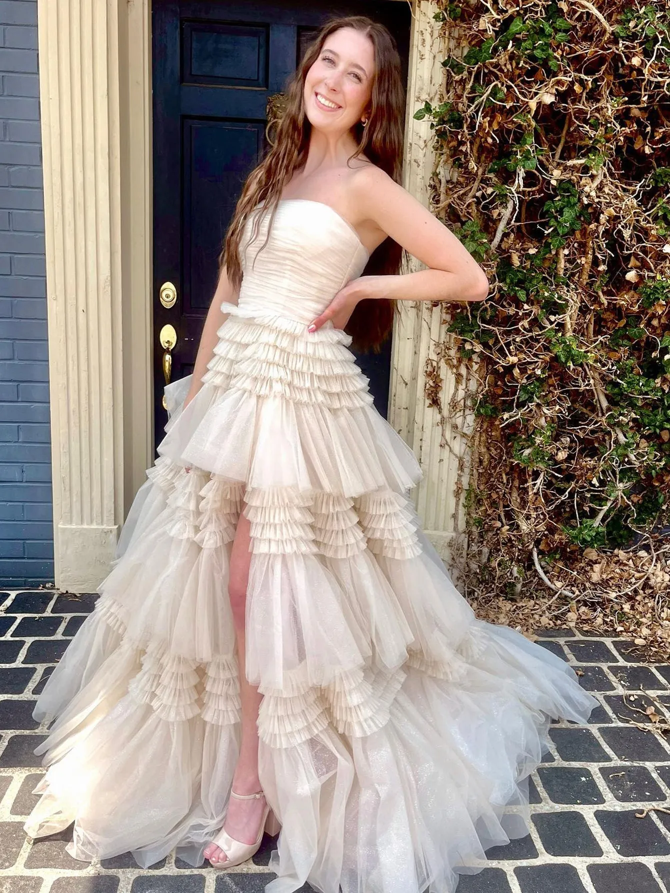 Daniela |A-Line Strapless Tulle Long Prom Dress with Tiered Ruffles