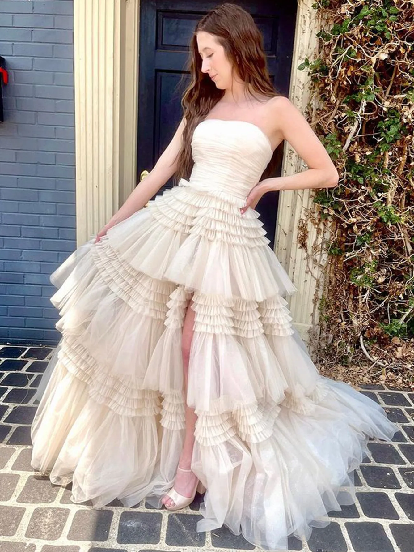 Daniela |A-Line Strapless Tulle Long Prom Dress with Tiered Ruffles