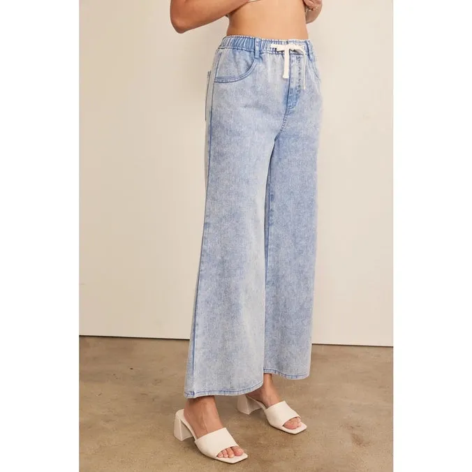 Devin Wide Leg Denim Pants with Elastic Waistband