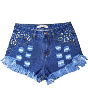 Distressed Loose High Waisted Studded Denim Shorts