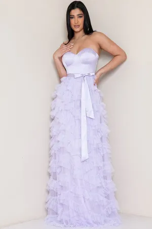 Dusty Lavender Tulle Ruffle Layered Maxi Dress With Waist Tie