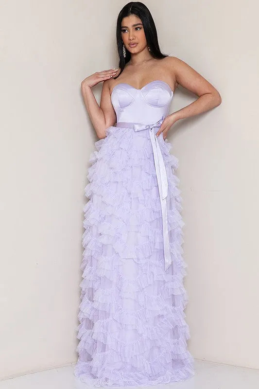 Dusty Lavender Tulle Ruffle Layered Maxi Dress With Waist Tie