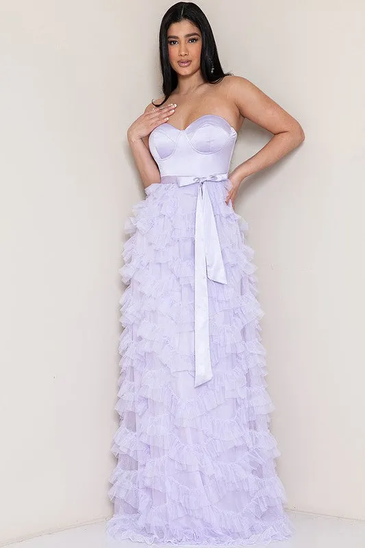 Dusty Lavender Tulle Ruffle Layered Maxi Dress With Waist Tie