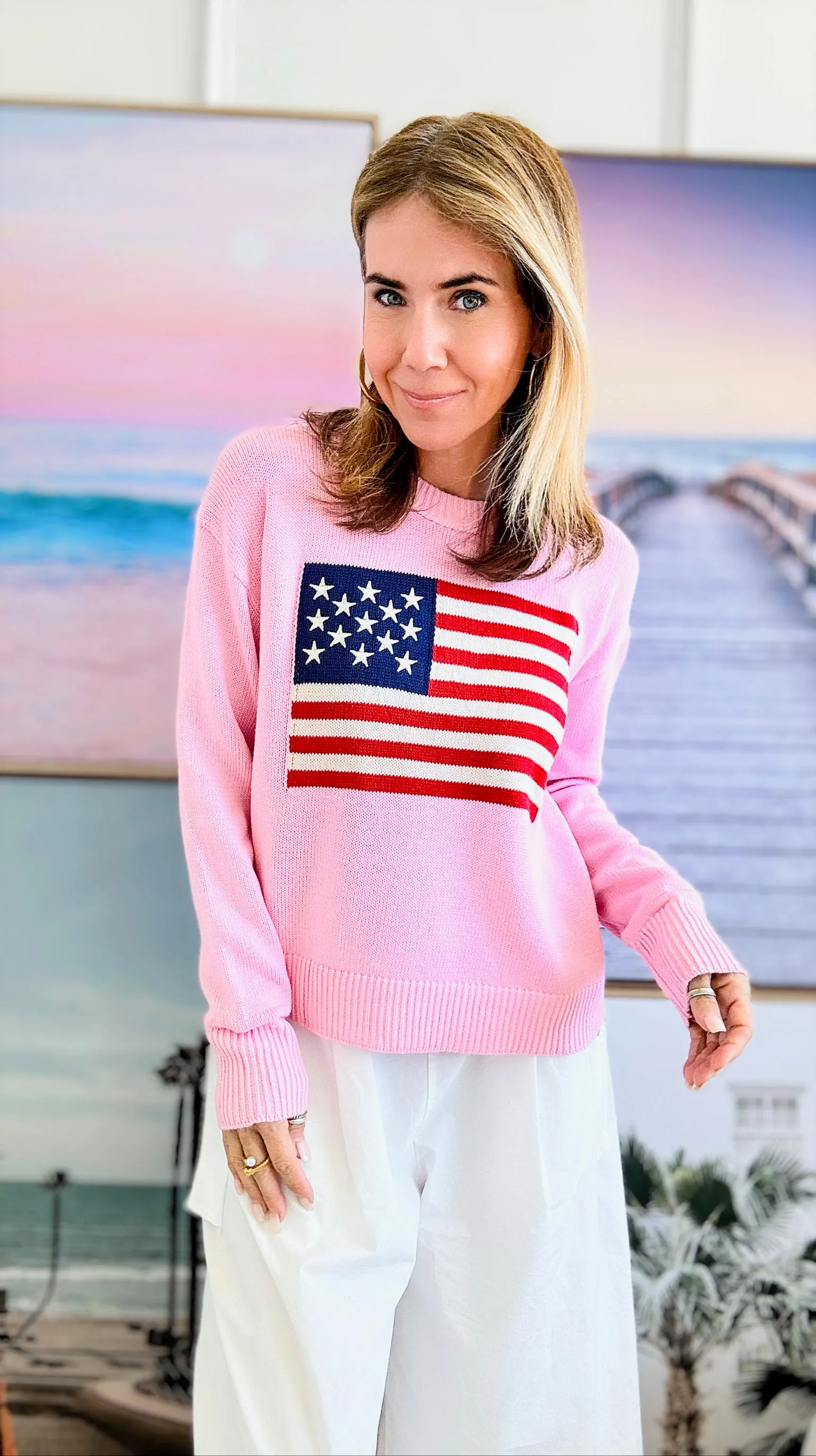 Embroidered Detailed Flag Knit Sweater-Cherry Pink