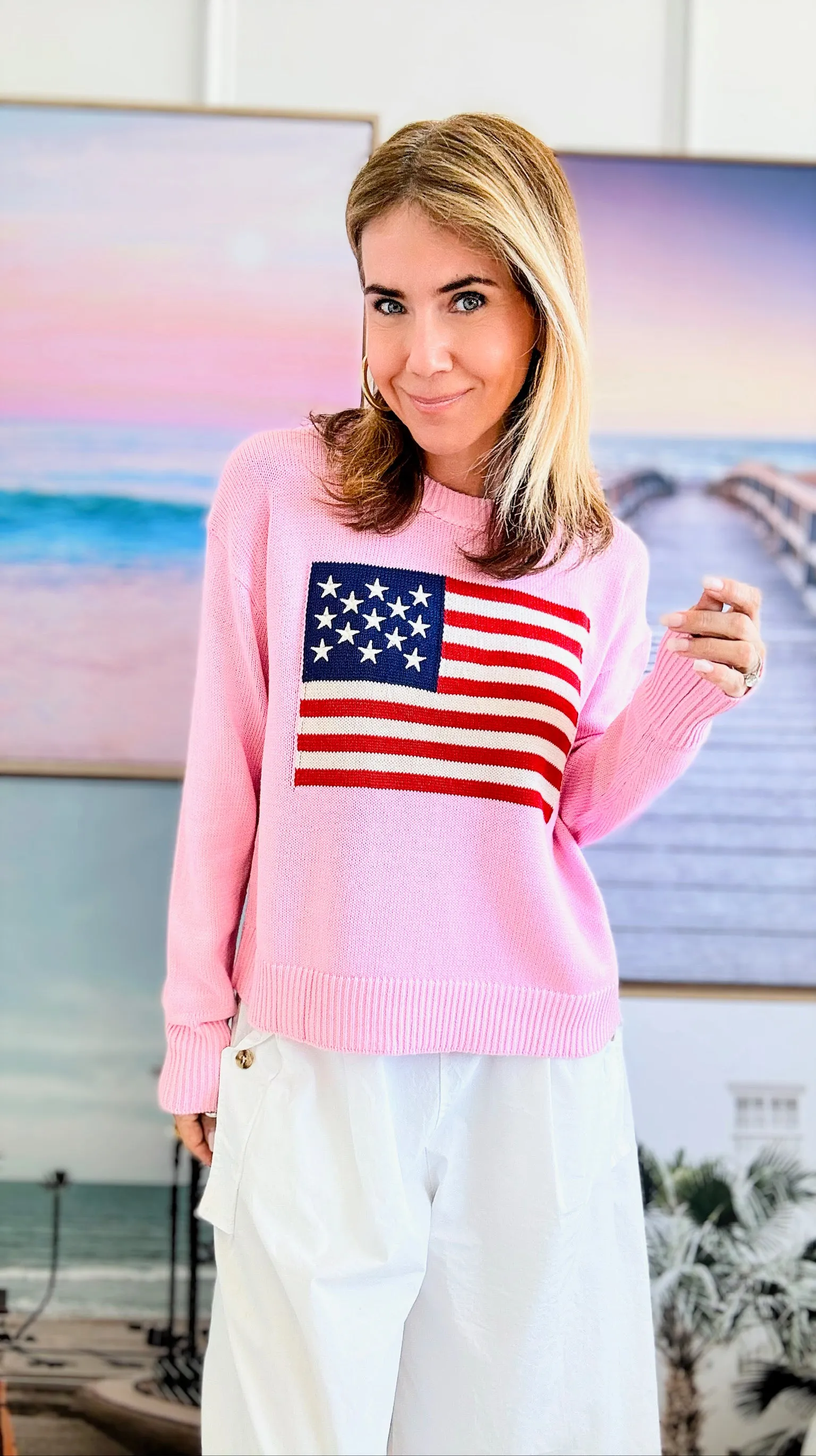 Embroidered Detailed Flag Knit Sweater-Cherry Pink