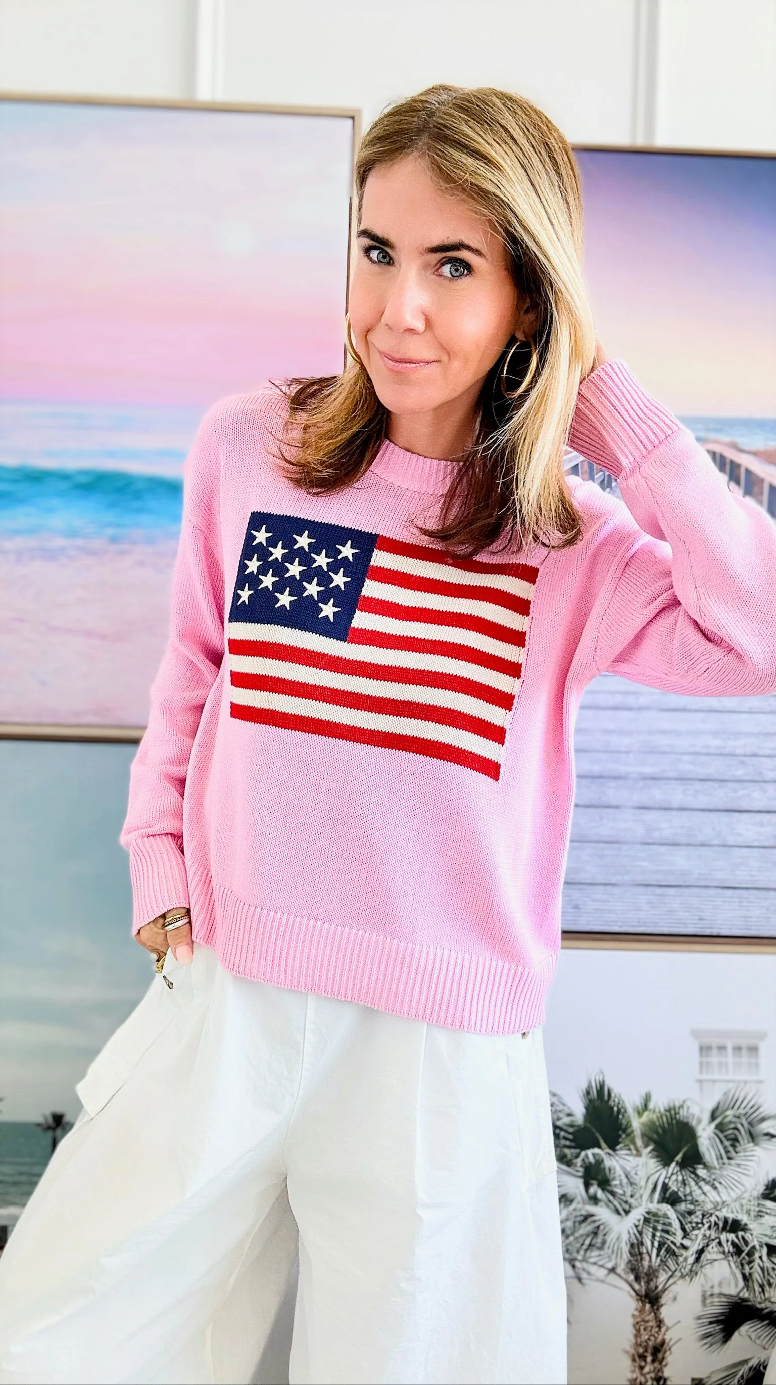 Embroidered Detailed Flag Knit Sweater-Cherry Pink