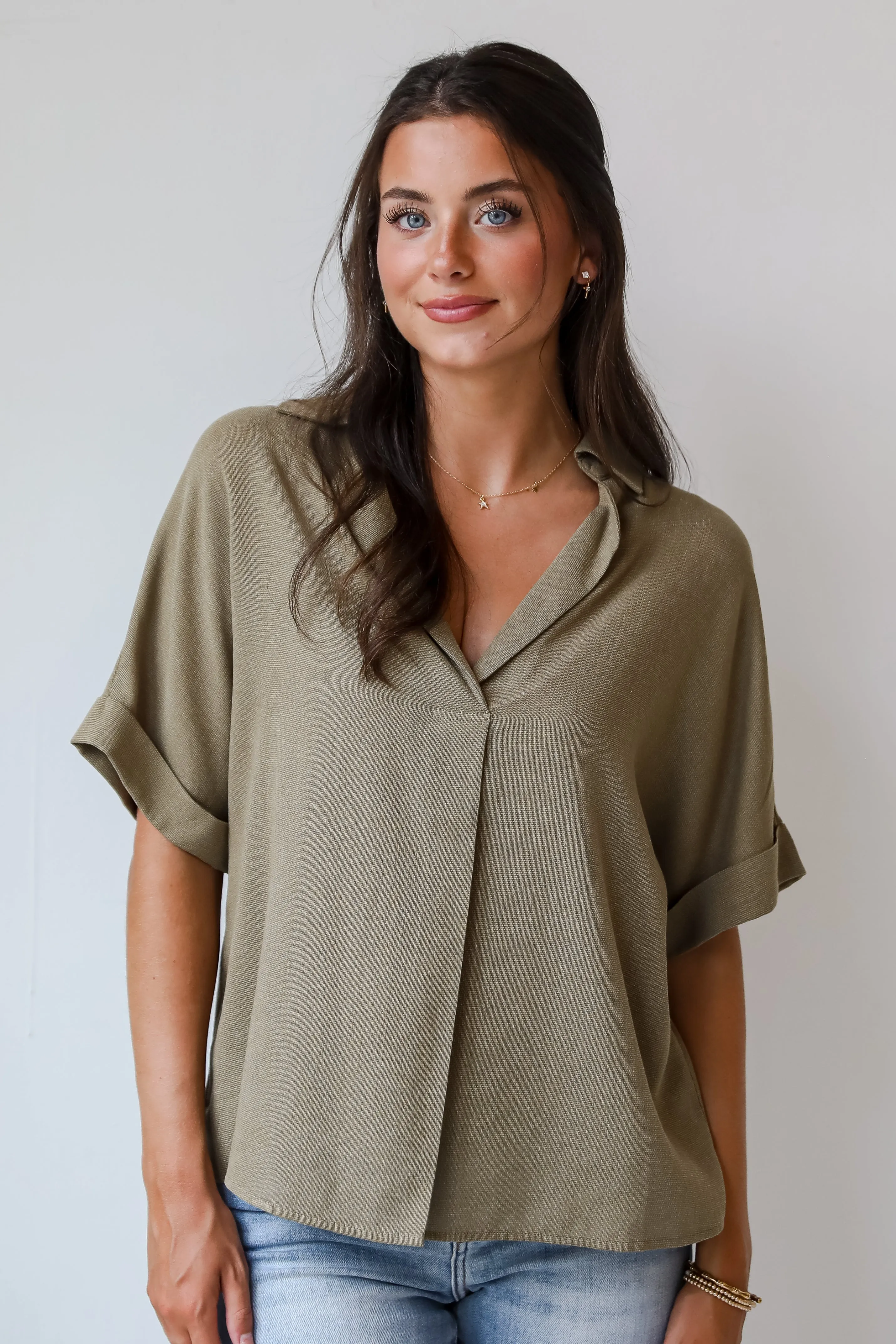 FINAL SALE - Breezy Fascination Olive Blouse - DU DEAL