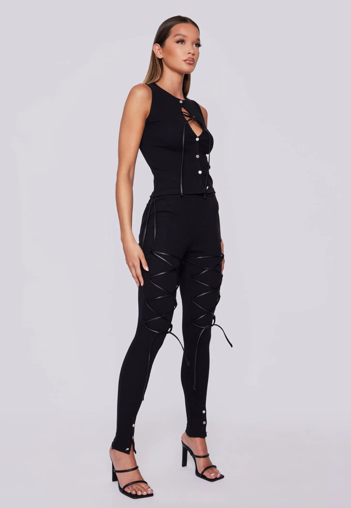 Front Laced High Waisted Ribbed Leggings - Black