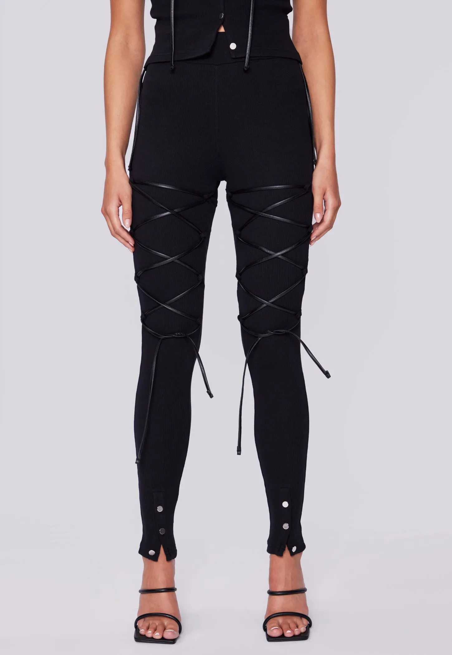 Front Laced High Waisted Ribbed Leggings - Black