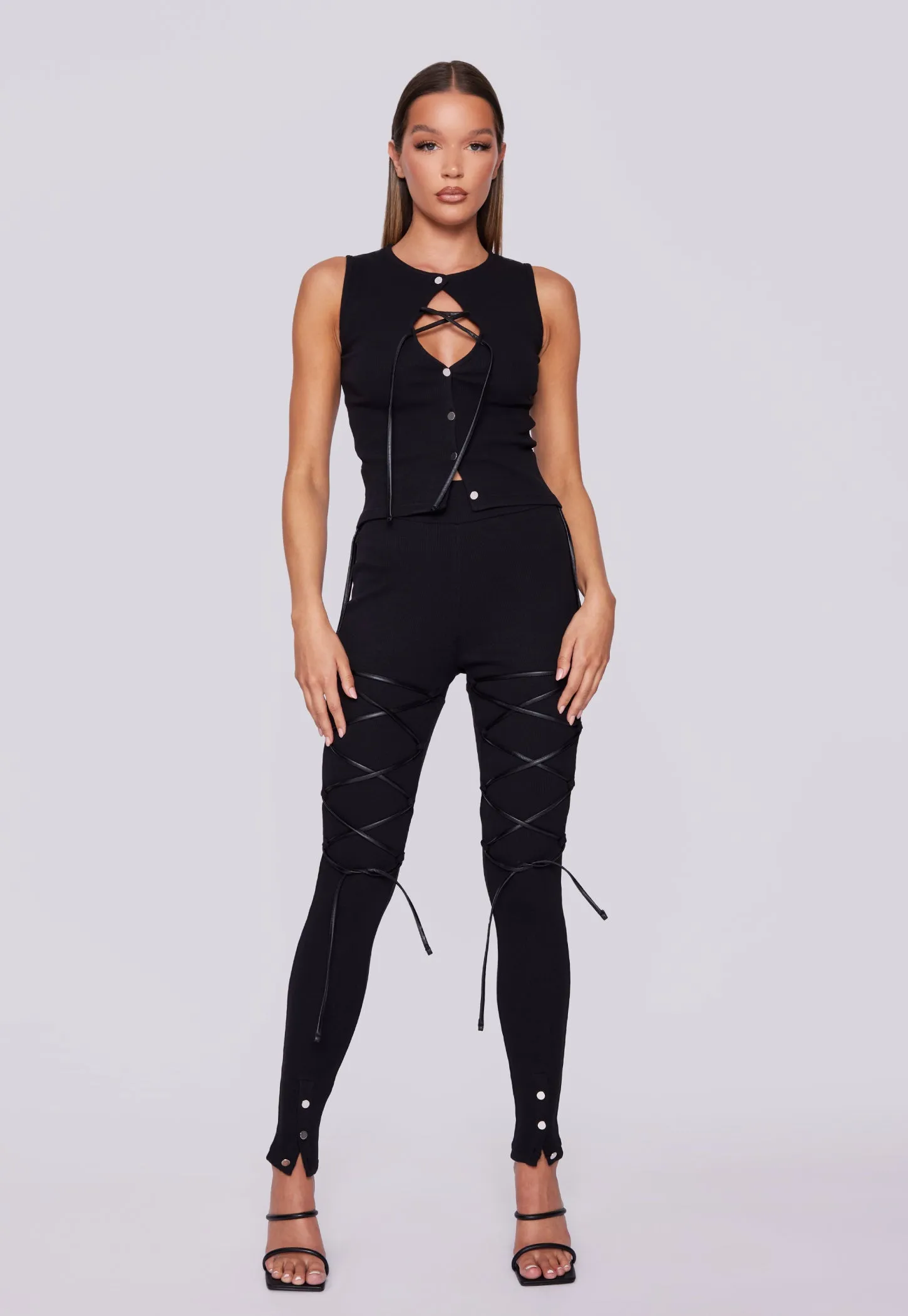 Front Laced High Waisted Ribbed Leggings - Black