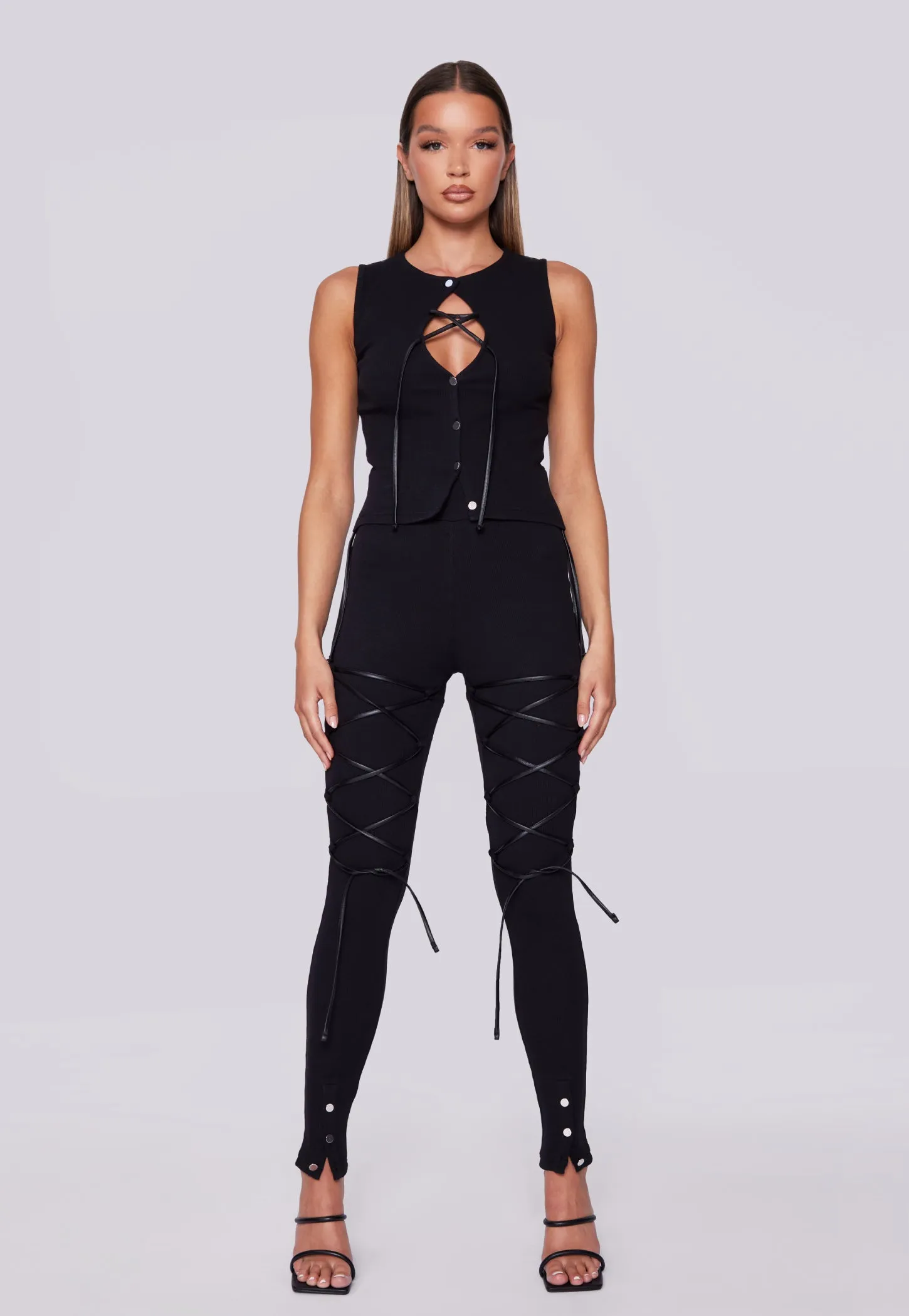 Front Laced High Waisted Ribbed Leggings - Black