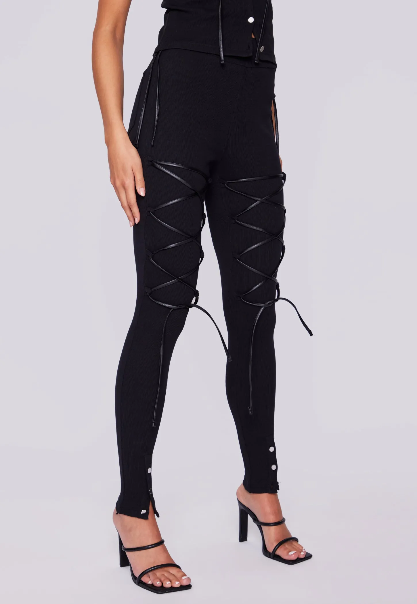 Front Laced High Waisted Ribbed Leggings - Black