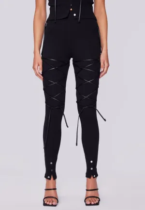 Front Laced High Waisted Ribbed Leggings - Black