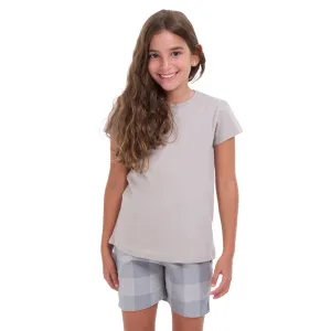 Girls summer pajama set Grey t-shirt   Grey Checkered shorts