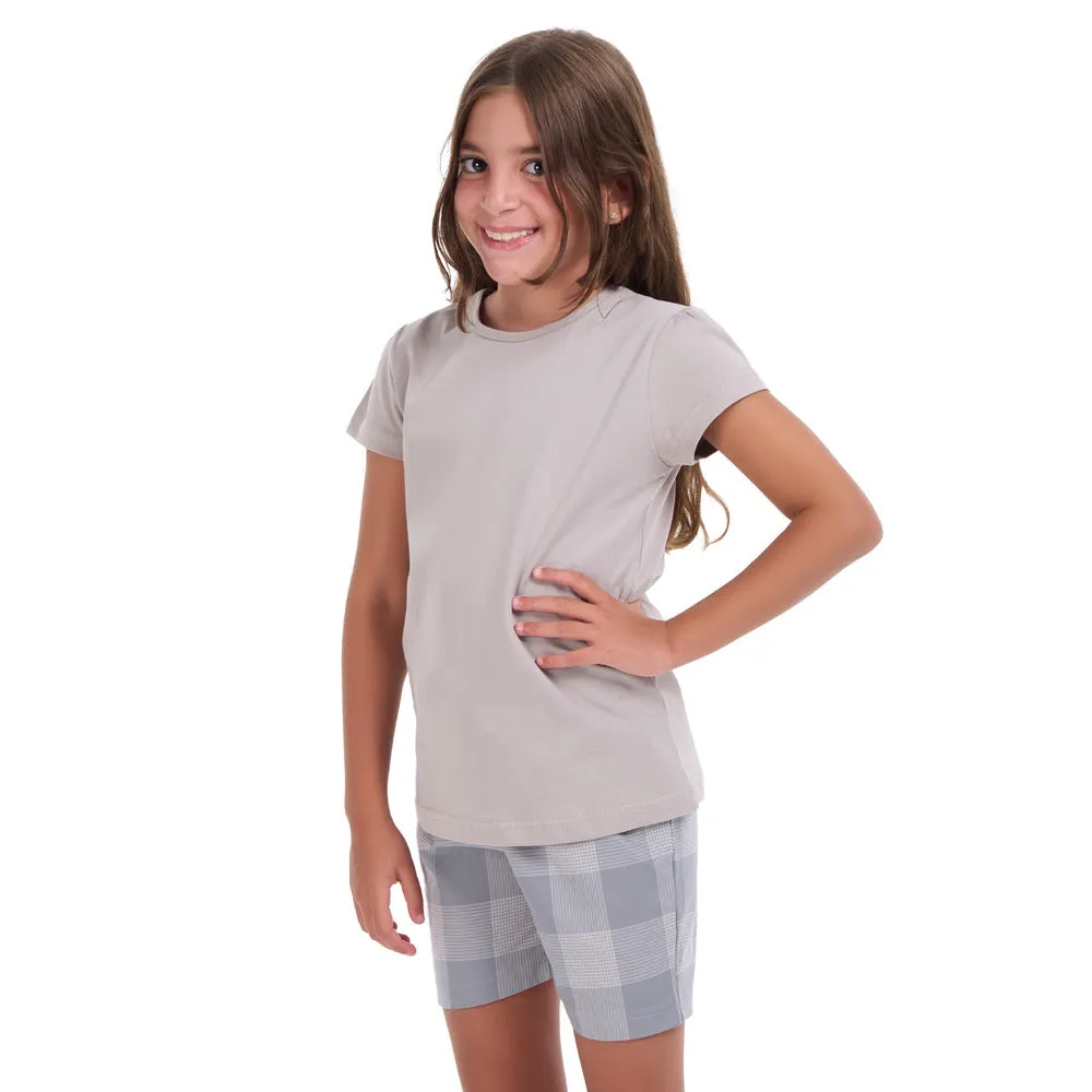 Girls summer pajama set Grey t-shirt   Grey Checkered shorts