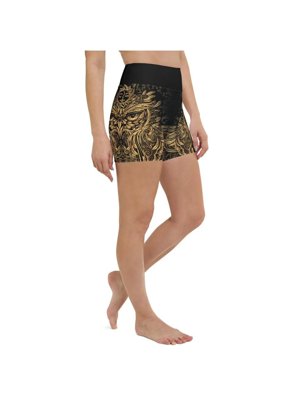 Golden Ornamental Owl Yoga Shorts