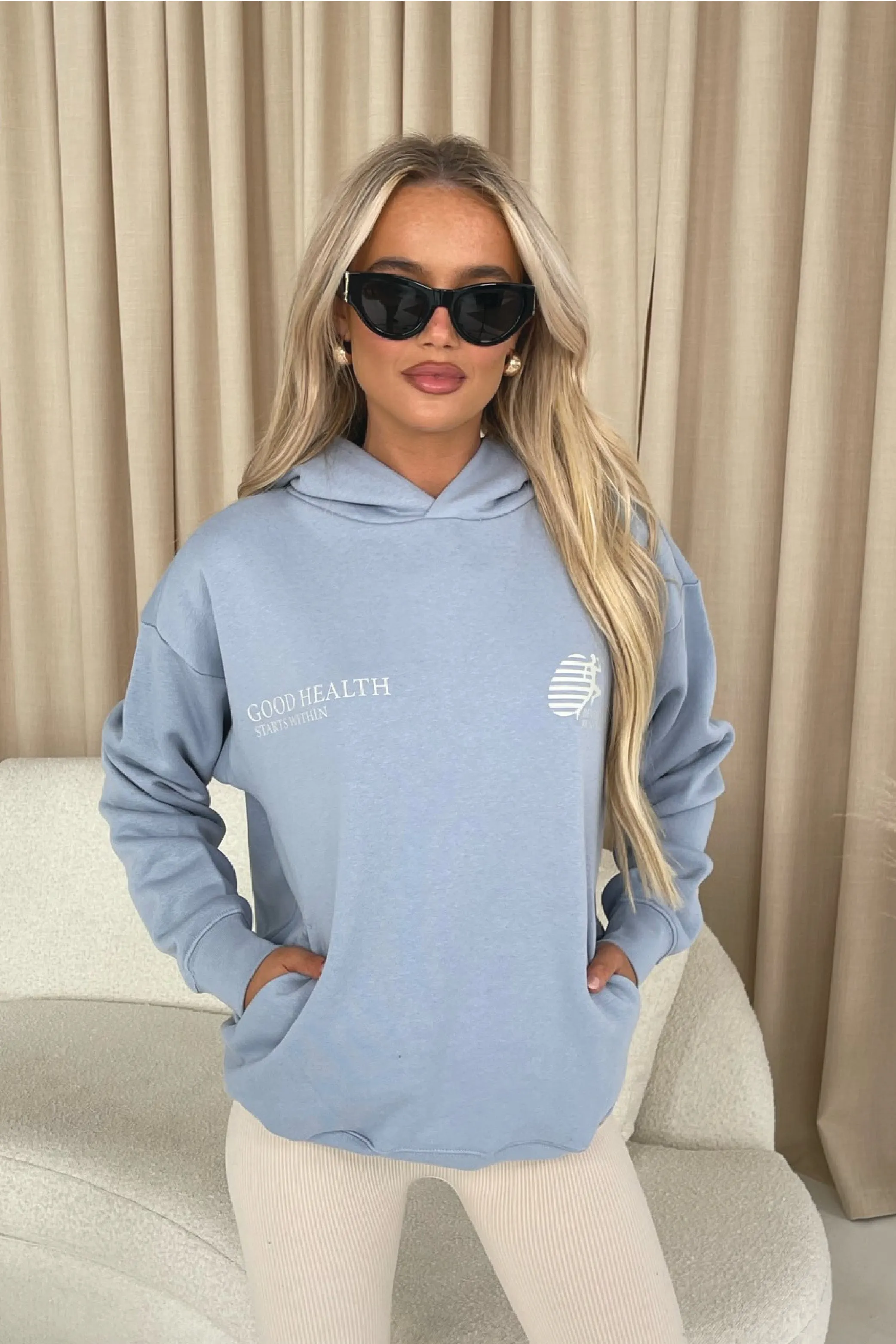 Good health baby blue printed relaxed hoodie