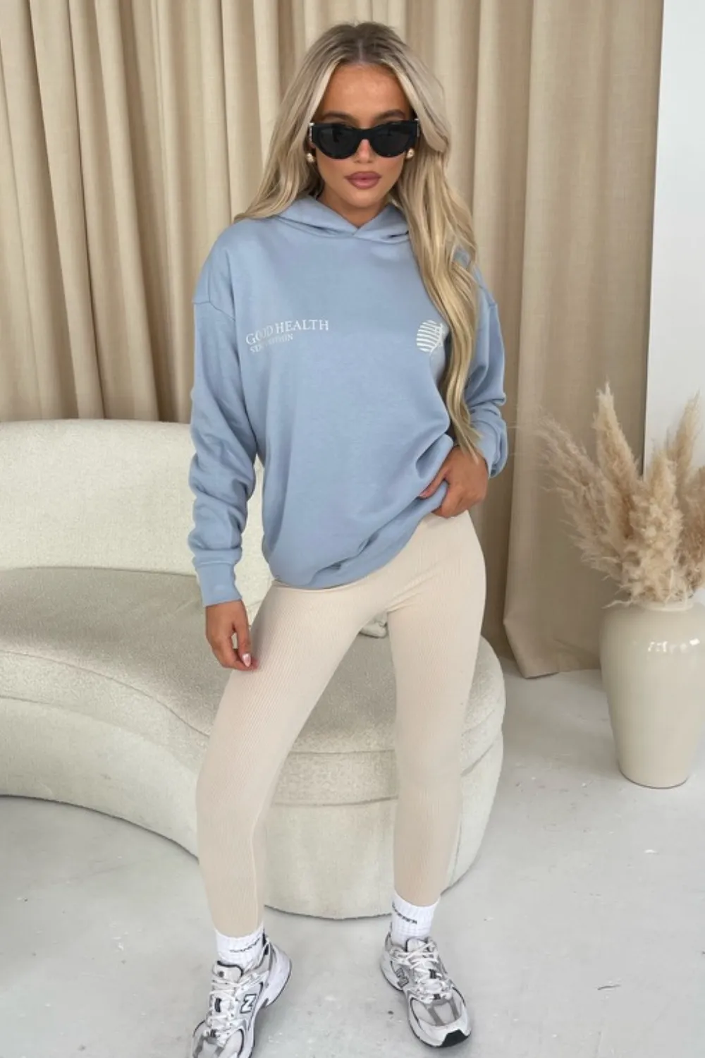 Good health baby blue printed relaxed hoodie