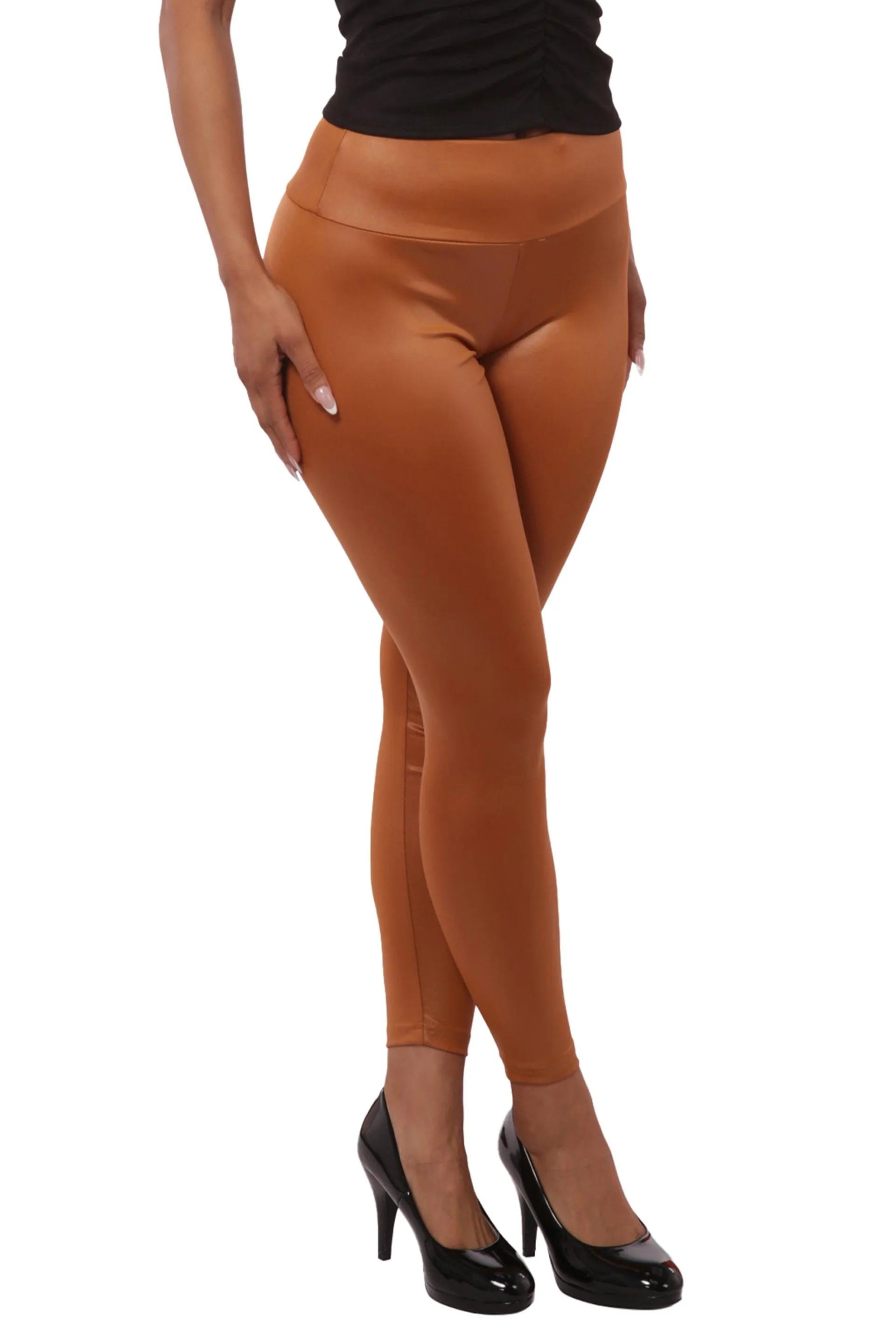 High Waist Scrunch Butt PU Faux Leather Leggings - Camel Brown