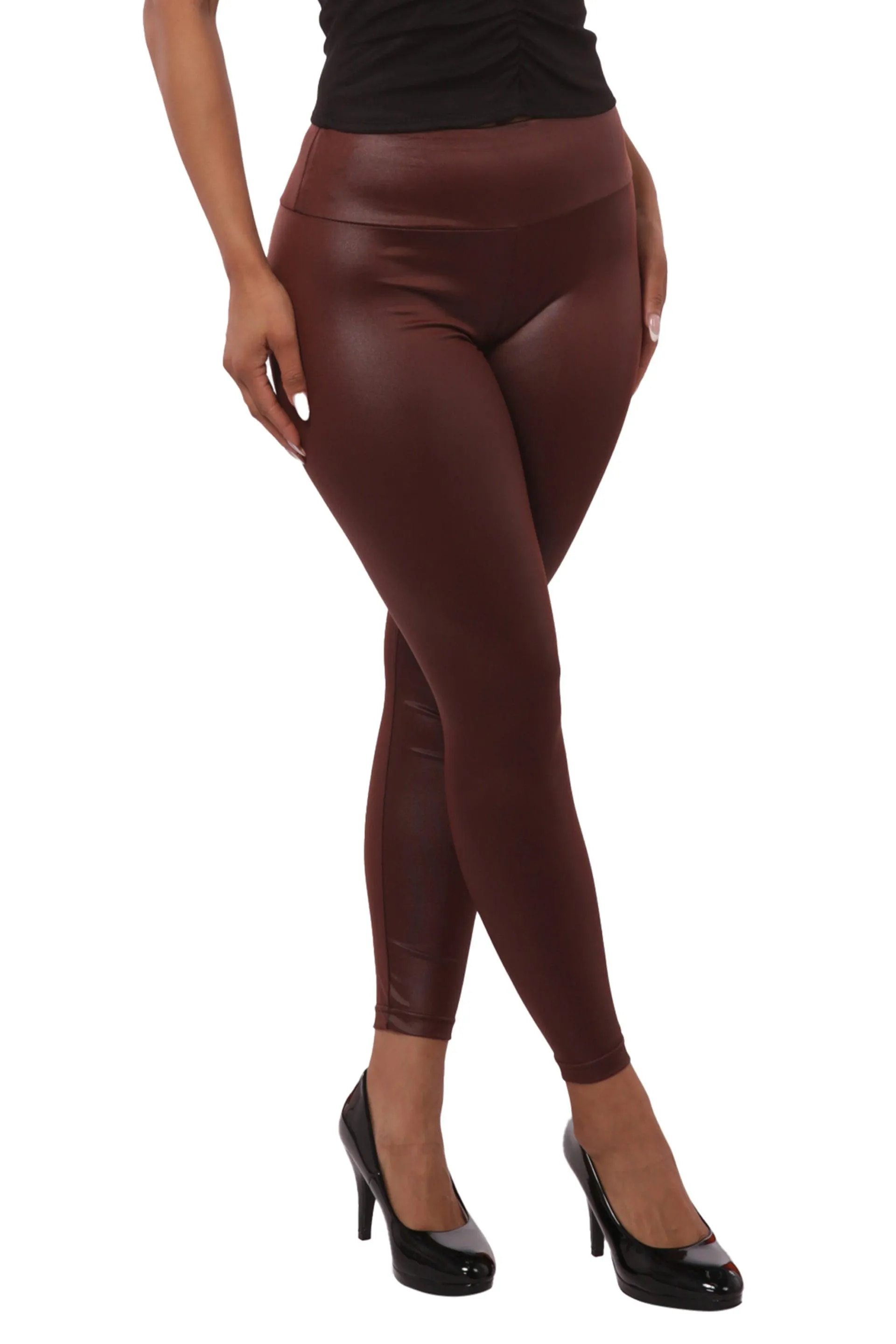 High Waist Scrunch Butt PU Faux Leather Leggings - Chocolate Brown