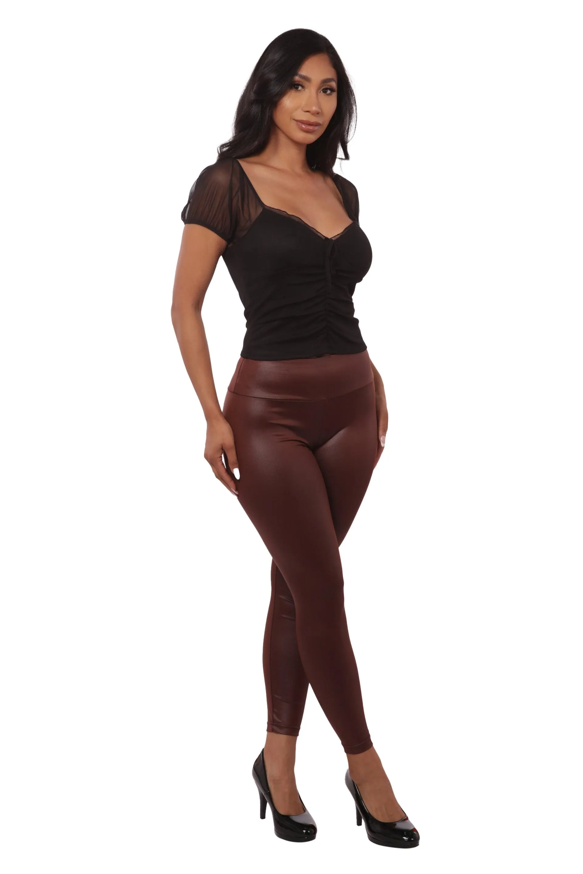 High Waist Scrunch Butt PU Faux Leather Leggings - Chocolate Brown