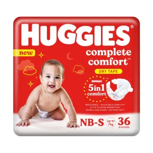 Huggies Complete Comfort Dry Tape Newborn - Small (NB-S) Size Baby Tape Diapers, 36 count, with 5 in 1 Comfort